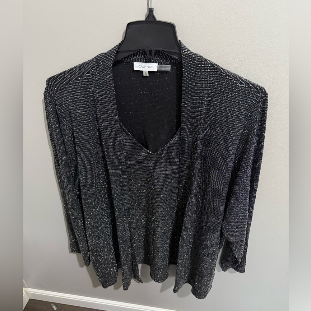 Calvin‎ Klein Woman’s Top Black Silver Sparkle Long Sleeve Size 1X Party Dressy